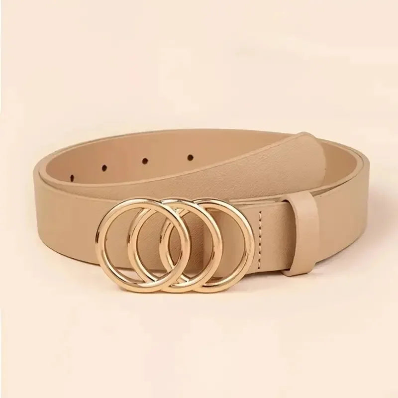 Women's Belt Trend Triple Round Buckle Belt Simple Versatile Youth Belt PU Leather Belt Paired with Jeans Dress Ladies Belts