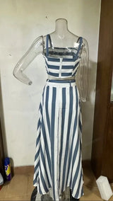 Striped Sleeveless Tube Top + Lace Up High Waist Pants
