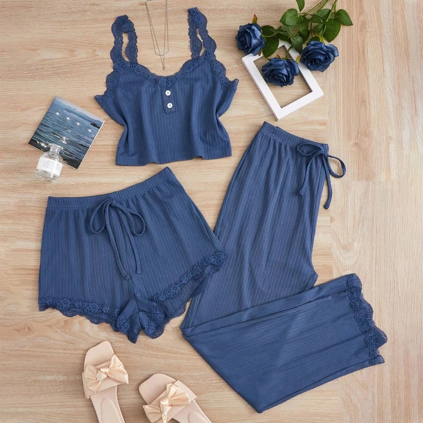 3 Pcs Solid Vest Lace Splicing Pajama Sets