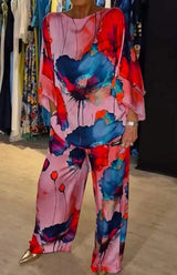 Women Printed Satin Round Neck Pants Sets