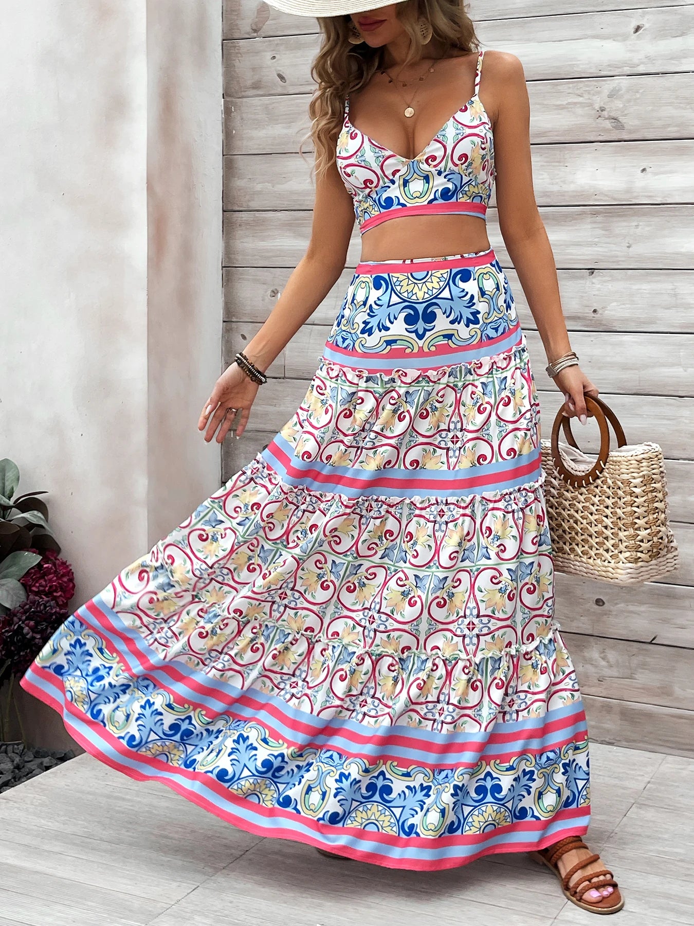 Summer High Waist Split Top With Long Skirt