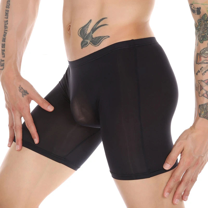 Lengthen Boxers Men Underwear Seamless Ice Silk Solid Color Mens U Convex Pouch Boxer Shorts Panties Male Long Leg Underpants