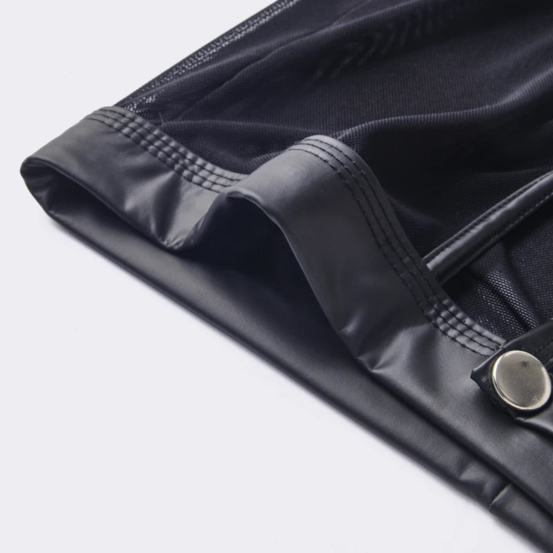 Fitness Long Men Boxer Underwear Mesh Faux Leather Men's Boxershorts Panties Long Leg Trunks Sexy Pouch Opened Button Underpants