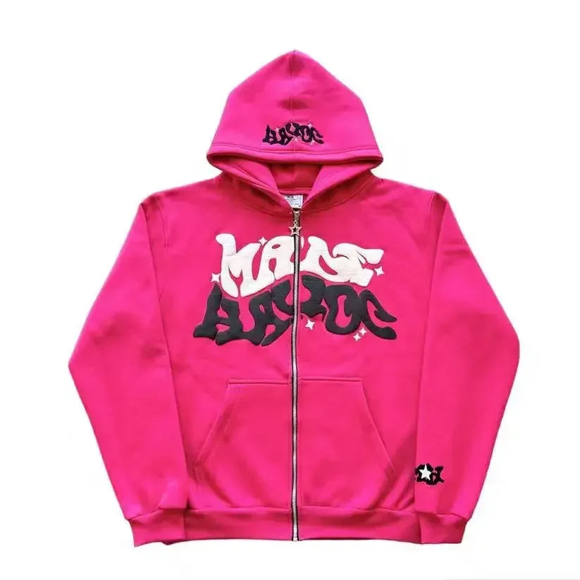 Zipper Hooded Sweatshirt With Retro American Letters