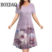 Retro 3D Print Short Sleeved Flowers Dress