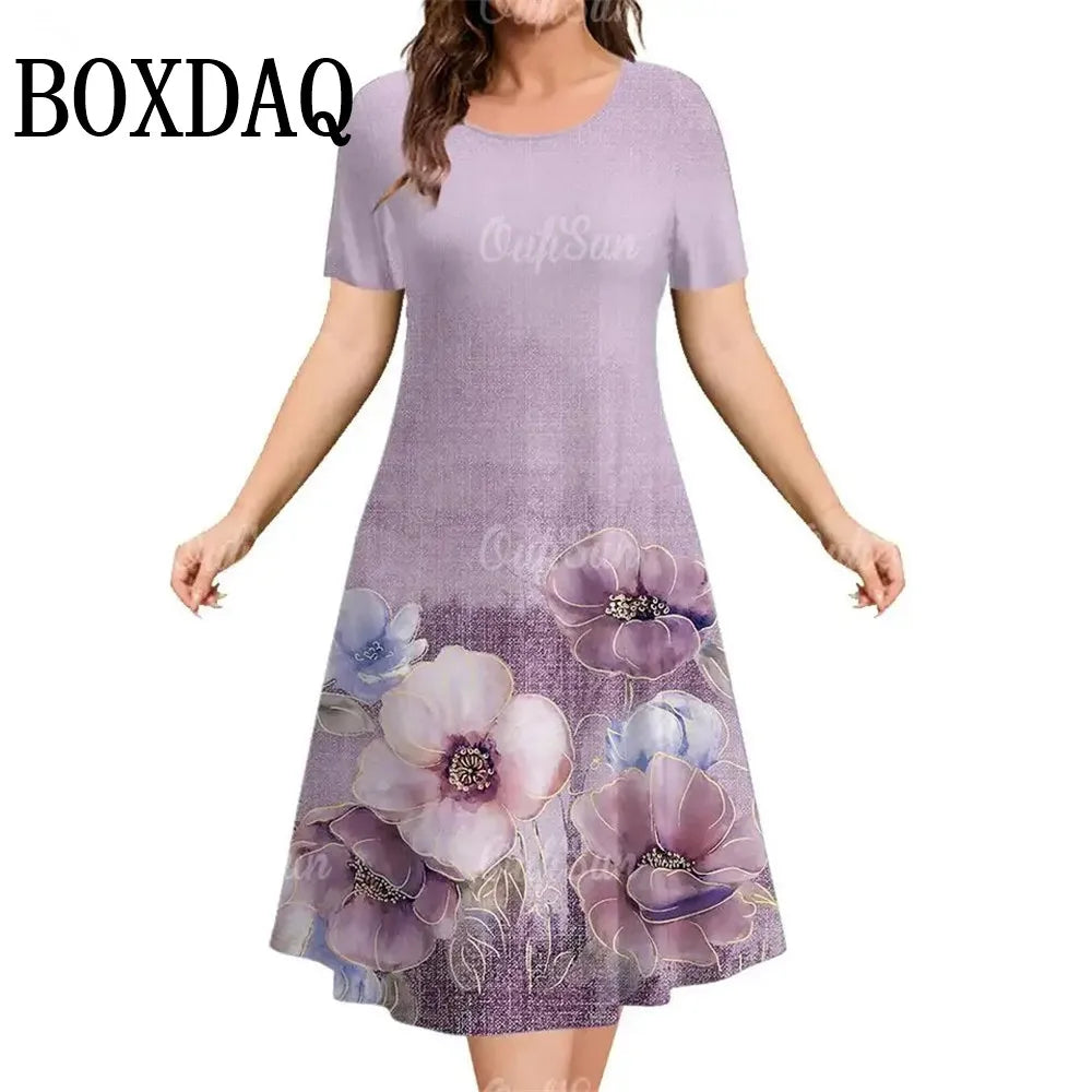 Retro 3D Print Short Sleeved Flowers Dress