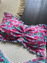 Ruffle Floral Backless Thong Print Bikini