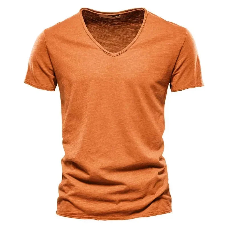 Solid Color V-Neck Pure Cotton T-Shirt