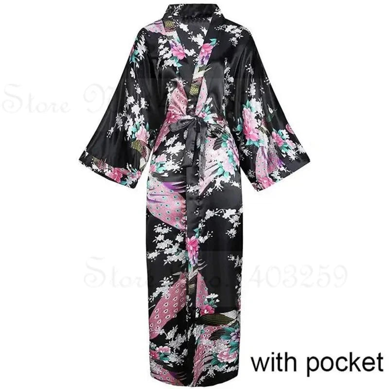 Women Long Robe Peacock Satin Print Nightgown