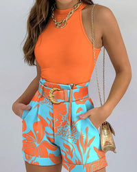 High Waist Shorts & Neck Top with Tie