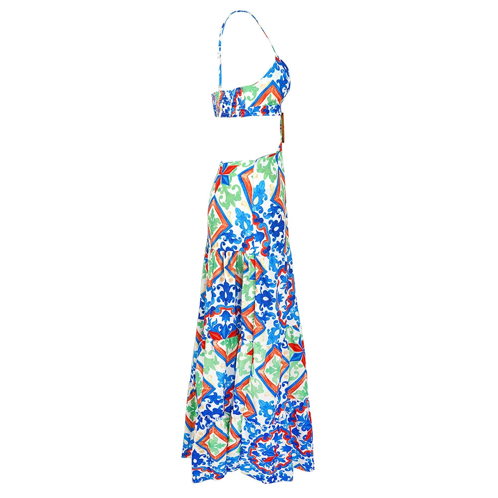 Elegant Printed Drawstring Halterneck Long Dress