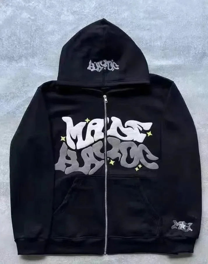 Zipper Hooded Sweatshirt With Retro American Letters