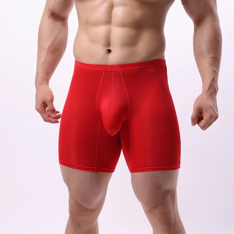 EUR Size Men Long Leg Boxer Shorts Underwear Mid Waist Sexy U Big Pouch Thin Panties Ice Silk Male Breathable Sports Underpants