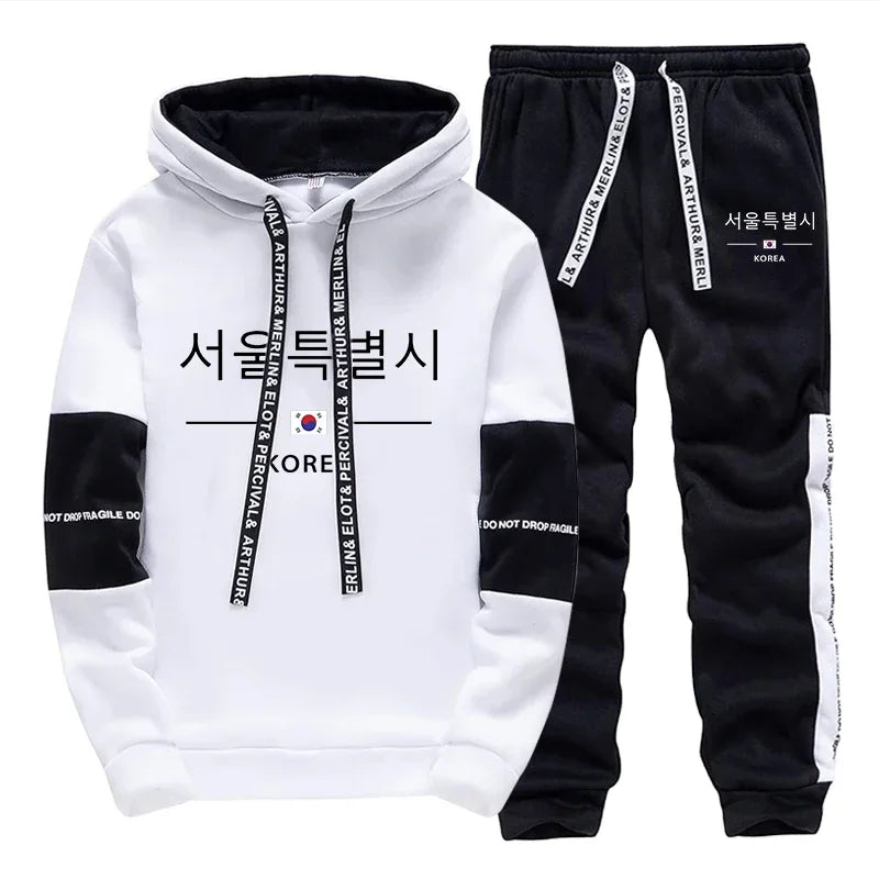 Mens Tracksuit Print Casual Sweatshirts Sportswear Outdoors Sports Jogging Mens Clothing Single Piece Hoodie Pants Korean Style