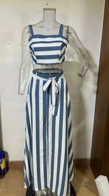 Striped Sleeveless Tube Top + Lace Up High Waist Pants