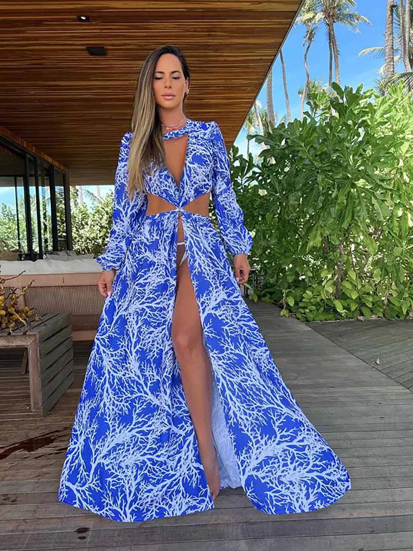 Elegant Printed Drawstring Halterneck Long Dress