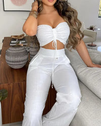 Drawstring Bandeau Crop Top & Casual Shirred Pants Sets