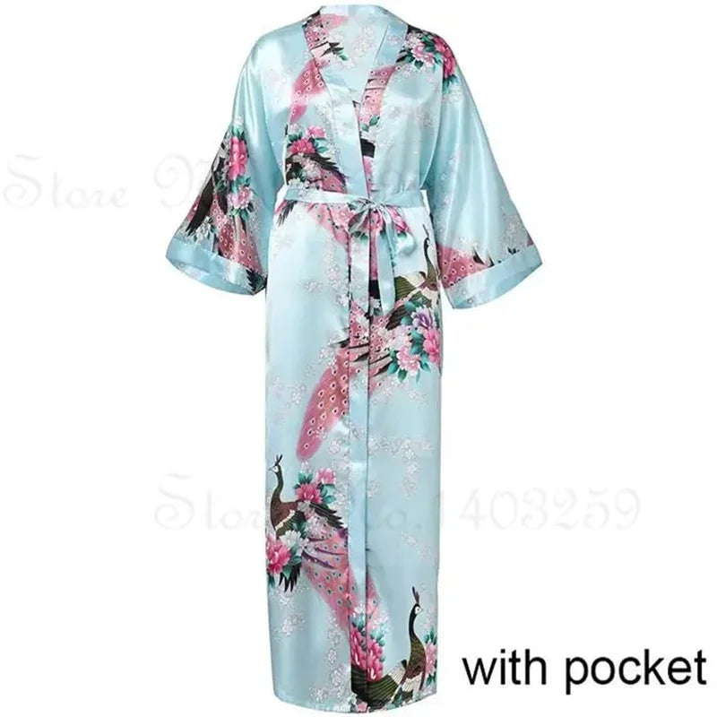 Women Long Robe Peacock Satin Print Nightgown