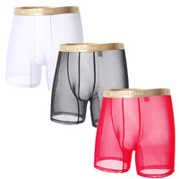 Men Ice Silk Sexy Underwear Long Leg Boxer Shorts Sports Breathable Mesh Thin Underpants Bulge Pouch Boxershorts Men See Through