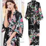 Women Long Robe Peacock Satin Print Nightgown