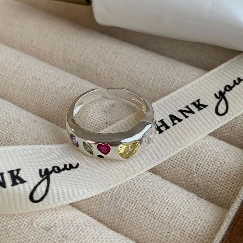 925 Sterling Silver Simple Colorful Heart Stone RingsFor Women Geometric Fashion Smiple Open Handmade Allergy Party Jewelry Gift