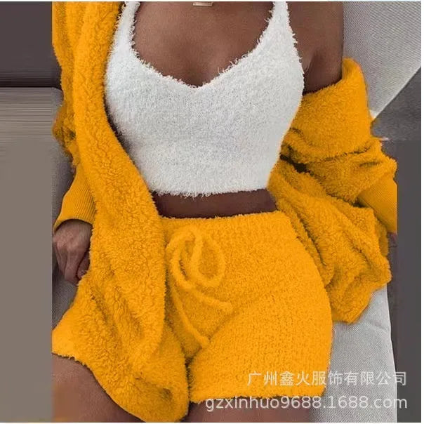 Fashion Solid Color Plush Three-Piece Set