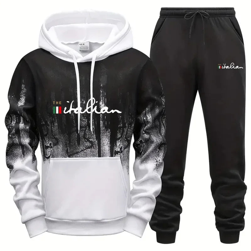 Fashion Mens Tracksuit Print Splash-ink Sweatshirt Sweatpants 2 Pcs Sets Sports Jogging Mens Clothing Casual Hoodies Sportswear