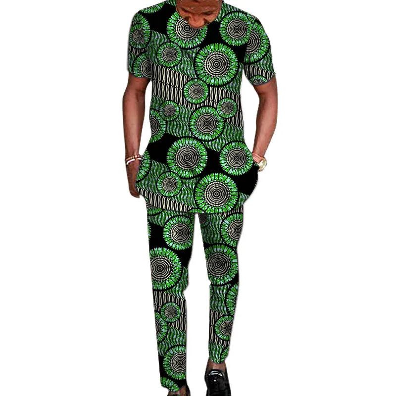 African Tribal Culture Men's Outfits Short Sleeve Set Shirts Patch Trousers African Print Male Pant Suits Party Wear Customized