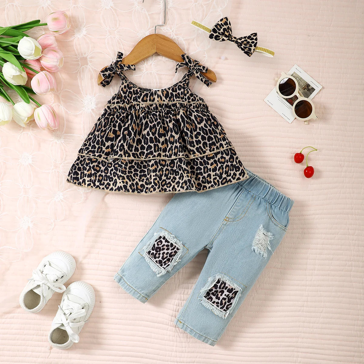 3 Pcs Leopard Bow Top+Blue Jeans+Headband Set
