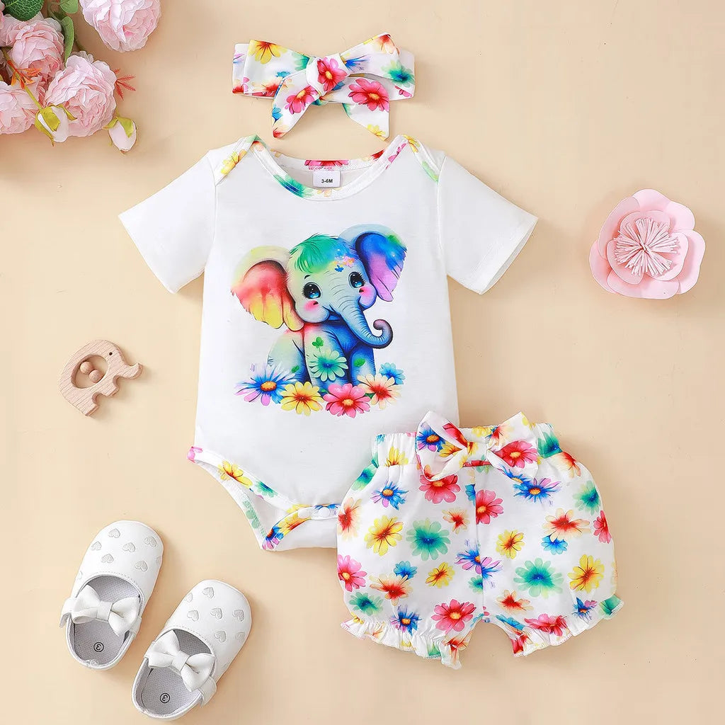 3 Pcs Short Sleeved Elephant BodysuitS Set