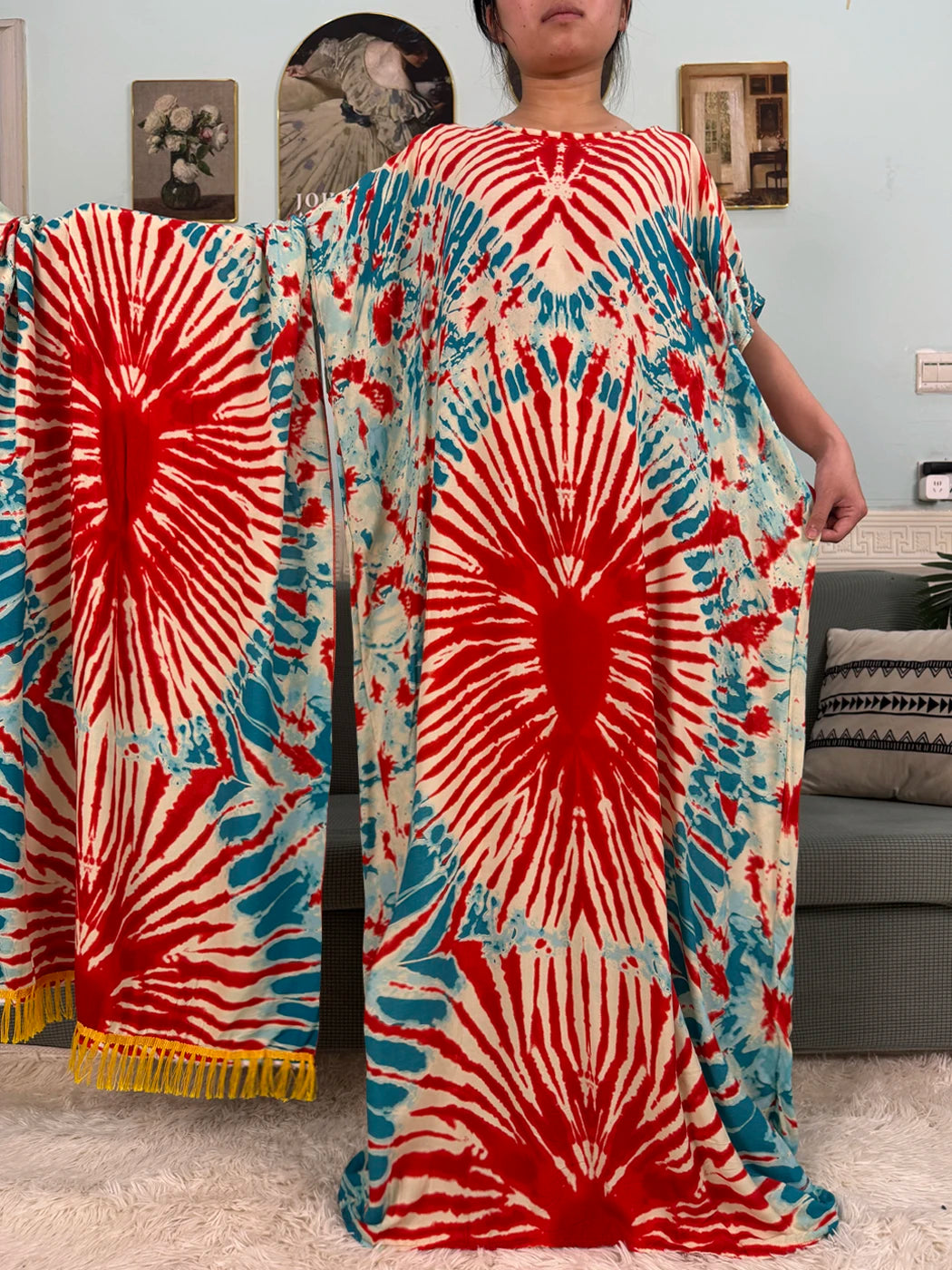 African Dresses For Women 2025 Floral Cotton Loose Femme Robe O-neck Muslim Islam Abaya Sets With 160x80cm Shawl Hijabs Scarf