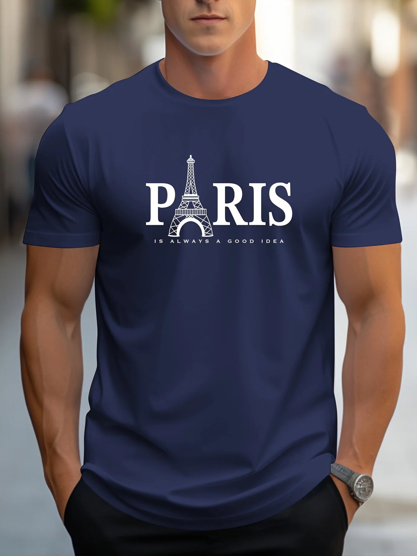 Short Sleeve Paris Pattern Print Casual O-Neck T-Shirt