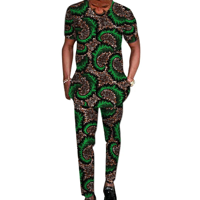 African Tribal Culture Men's Outfits Short Sleeve Set Shirts Patch Trousers African Print Male Pant Suits Party Wear Customized
