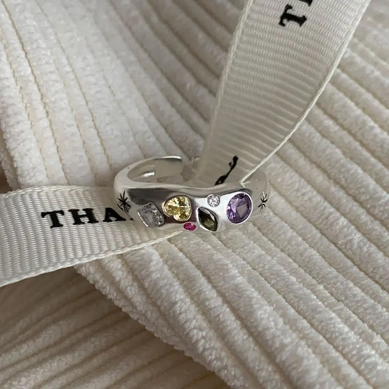 925 Sterling Silver Simple Colorful Heart Stone RingsFor Women Geometric Fashion Smiple Open Handmade Allergy Party Jewelry Gift