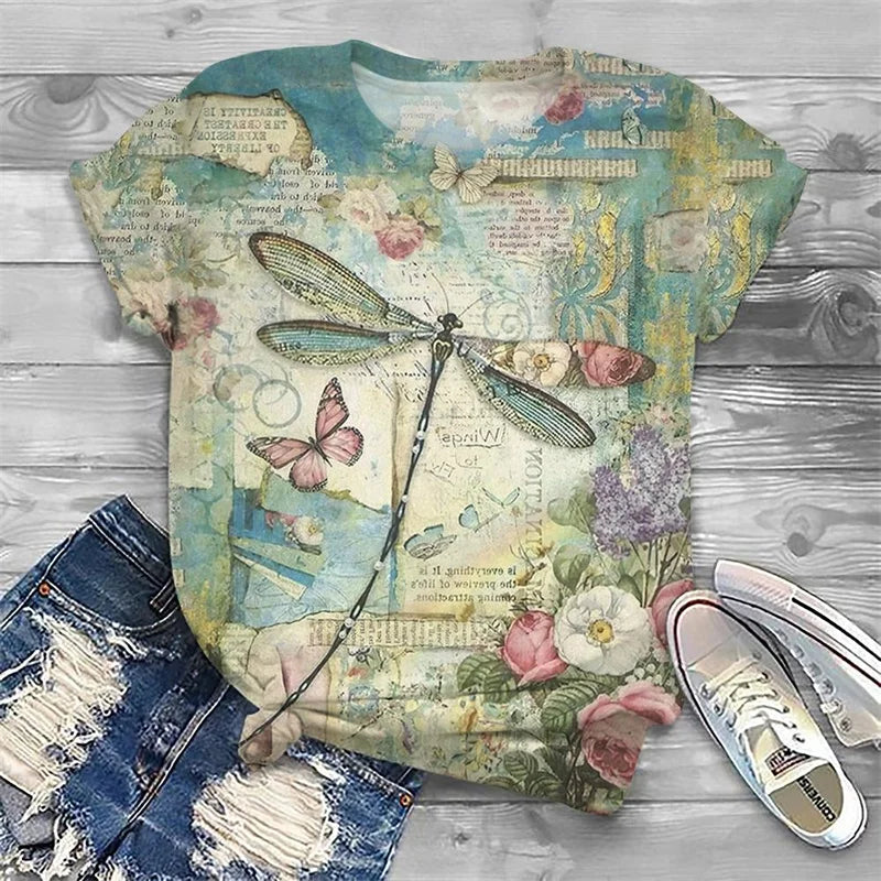 Summer Vintage Butterfly Pattern T-Shirt For Women