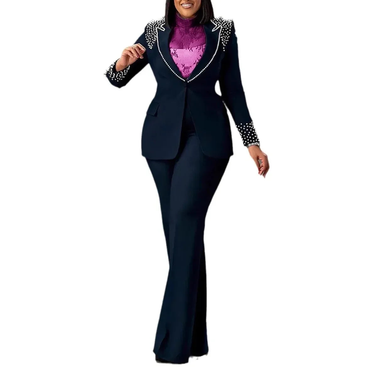 Women's Pearl Splicing Blazer and Wide Pants Set