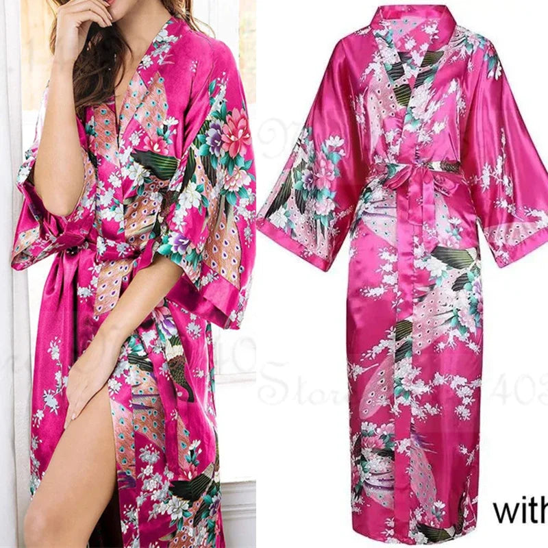 Women Long Robe Peacock Satin Print Nightgown