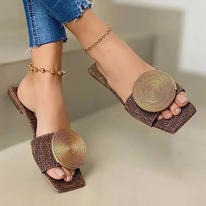 Woman Summer Buckle Solid Flats Sandals