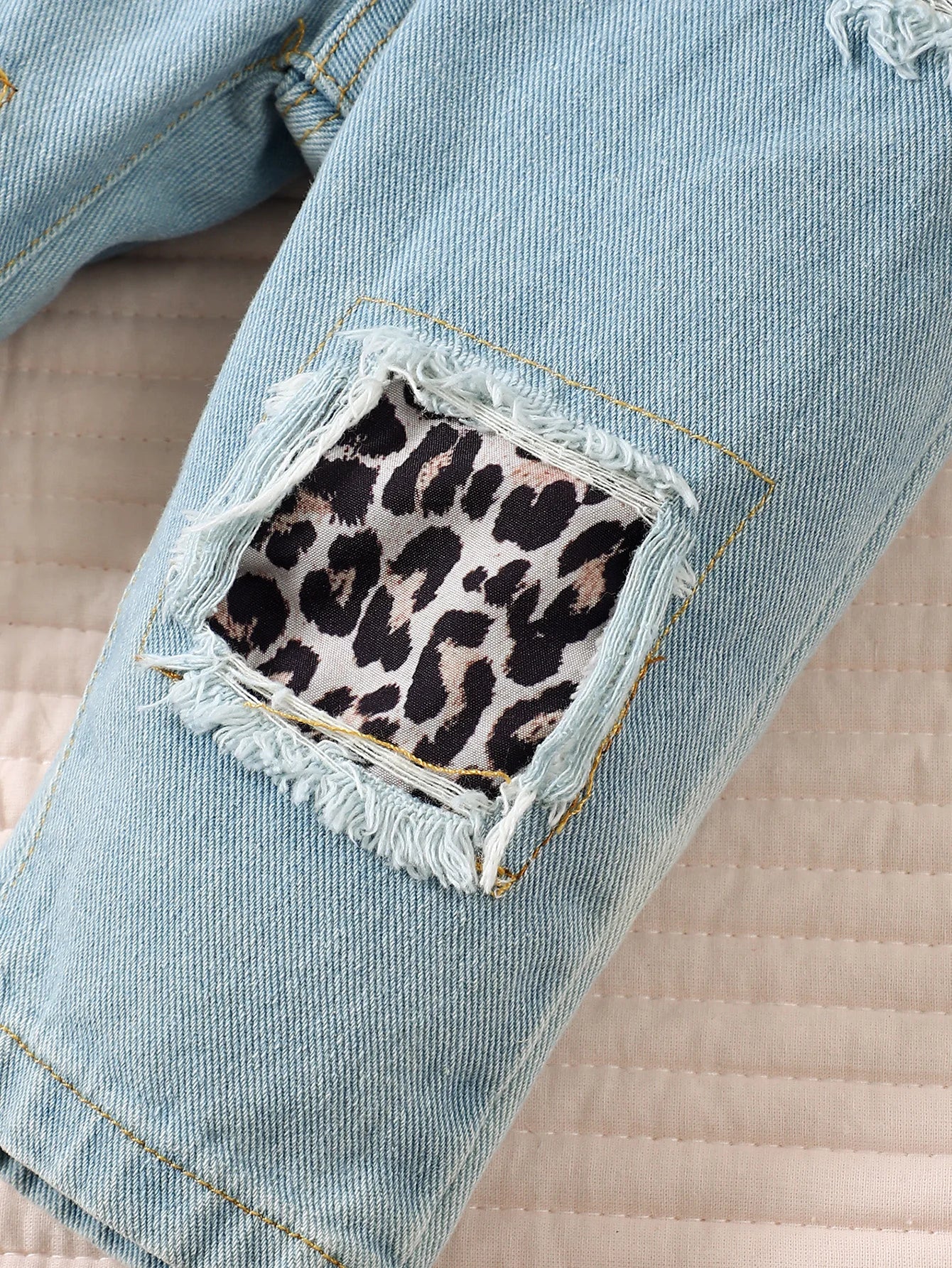 3 Pcs Leopard Bow Top+Blue Jeans+Headband Set