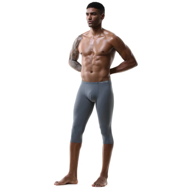 Men's Ice Silk Long Leg Trunk Sexy U Conevx Pouch Boxy Underwear Sports Fitness Running Shorts Pants Extended Knee Length Boxers