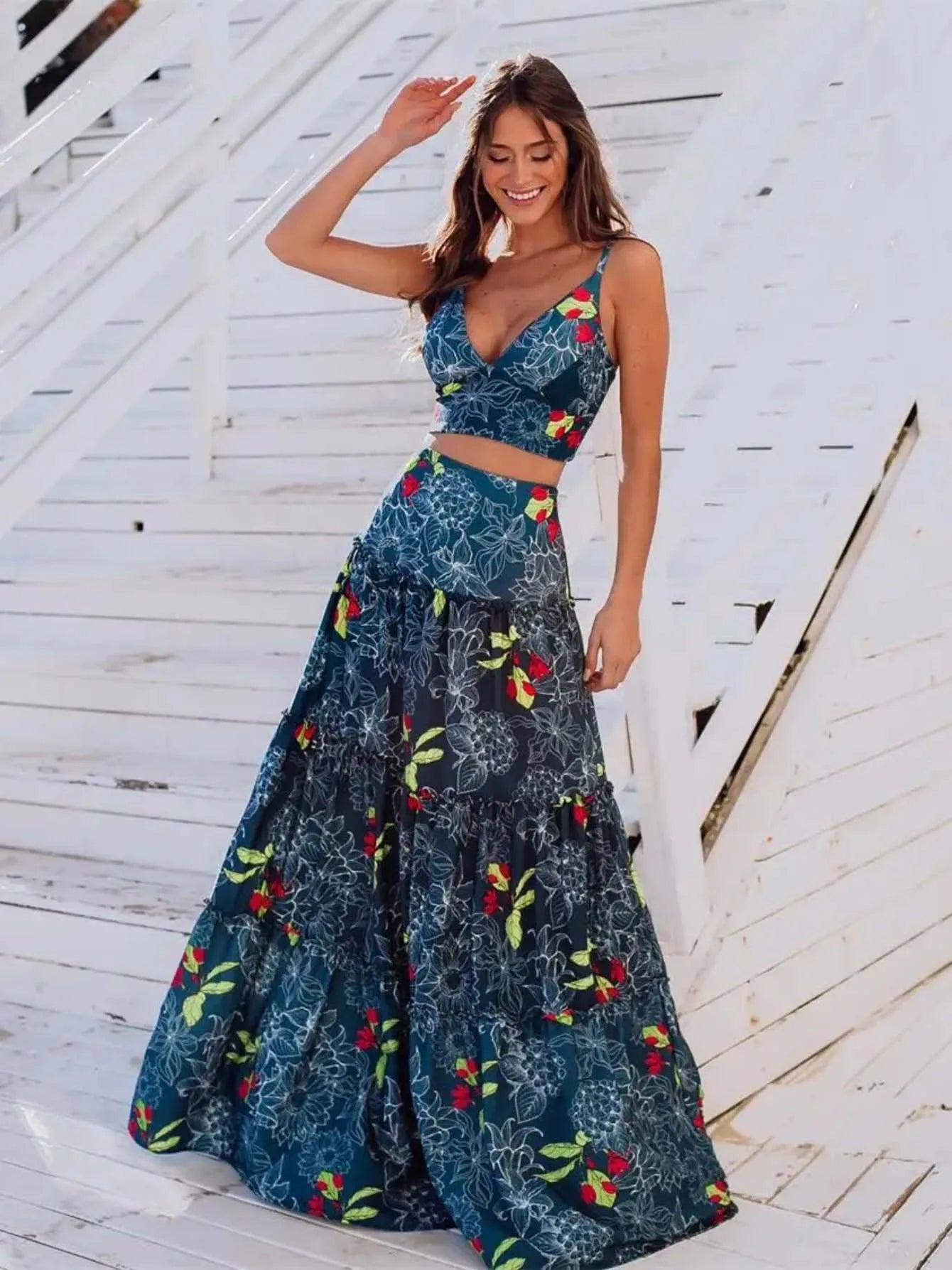 Summer High Waist Split Top With Long Skirt