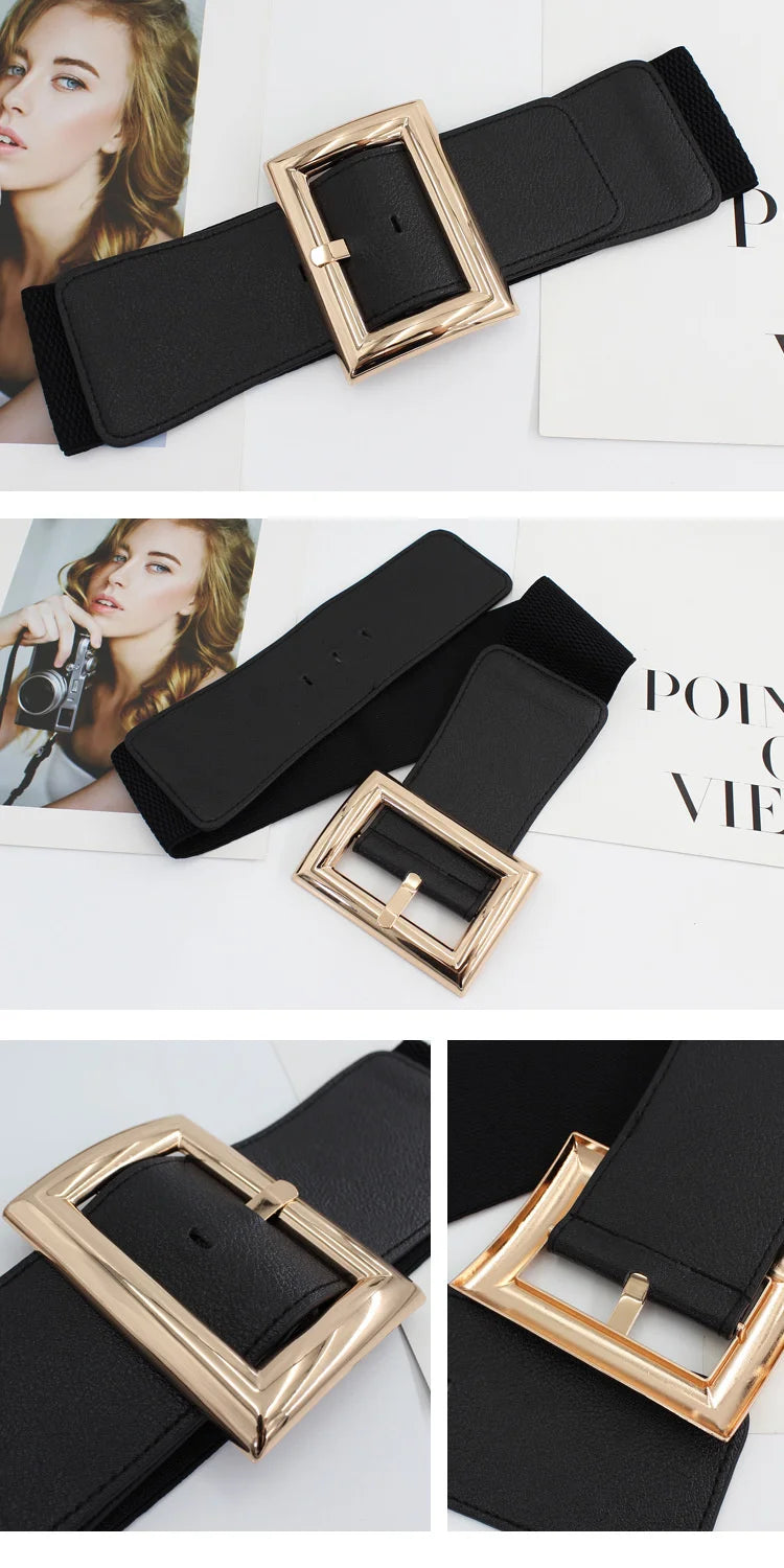 Women Wide Elastic Dress Belt Stretch Waist Belt Vintage Fashion Casual Cinch Belt Buckle Retro PU Leather Punk Waistband пояс