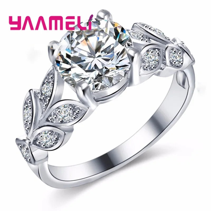 Hot Sell 925 Sterling Silver Color High Quality Zircon Crystals Paved Leaf Design