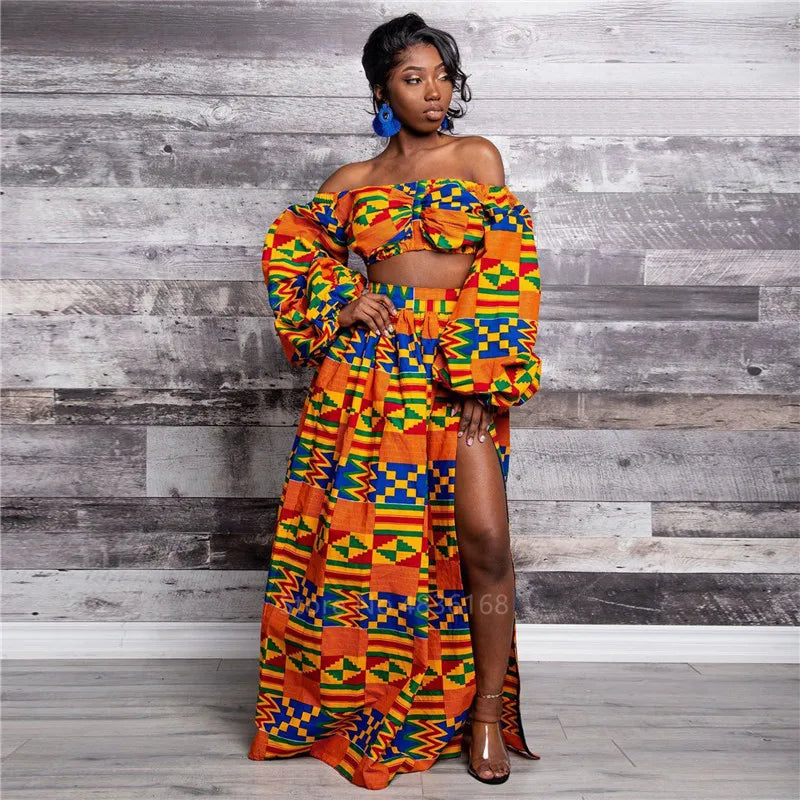Afro Women 2-piece Set Lady Full Sleeve Shoulder Off