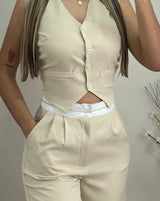 Summer Sexy Elegant V-Neck Buttoned Vest Top & Pants