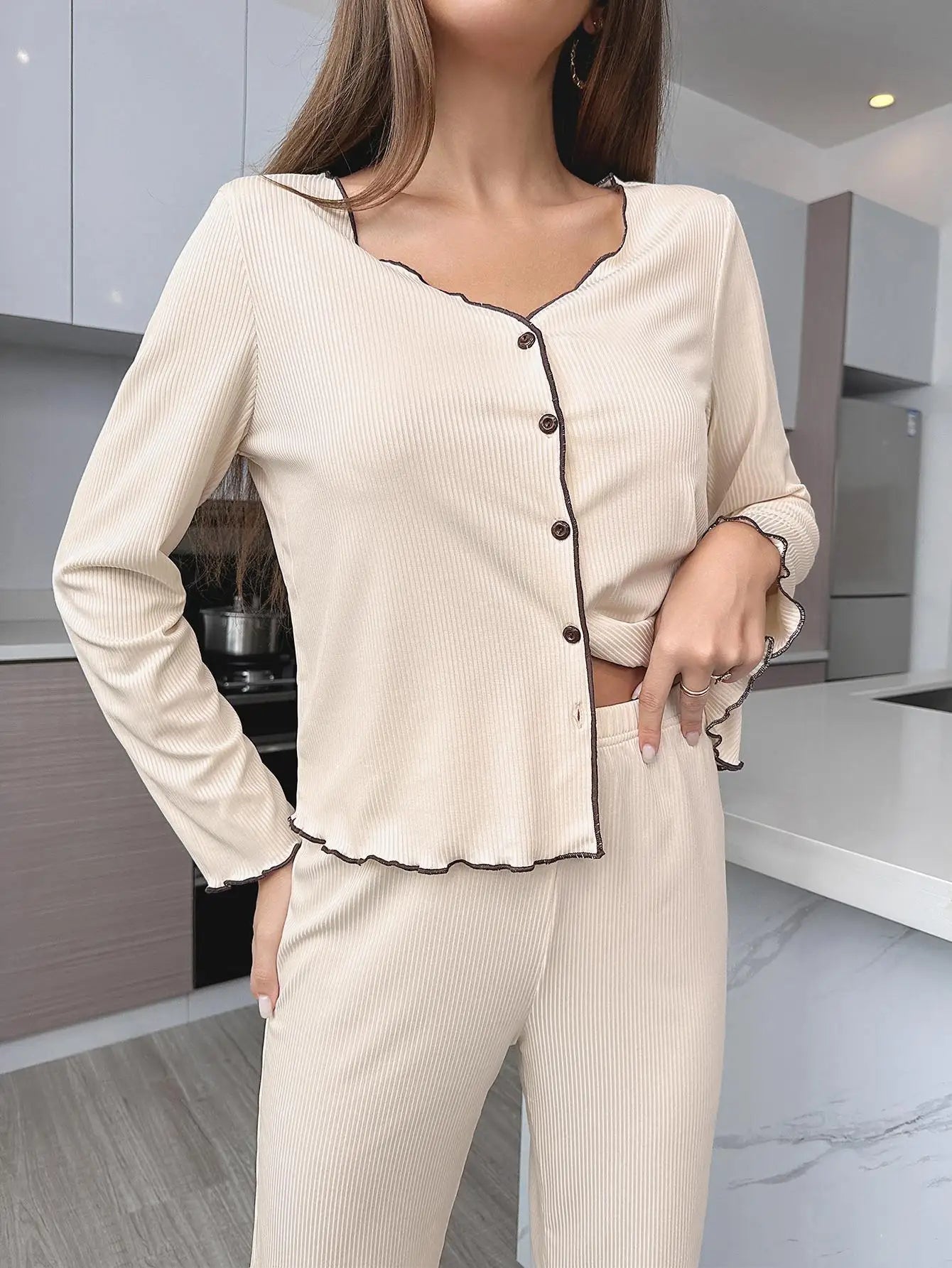 Solid Casual Loungewear Long Sleeve Pajama Set