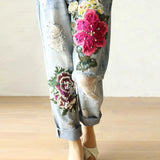 Floral Embroidery Vintage Straight High Waist  Pants