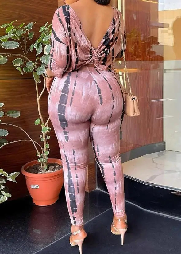 Summer Tie Dye Print Twisted Backless Top & Pants Set