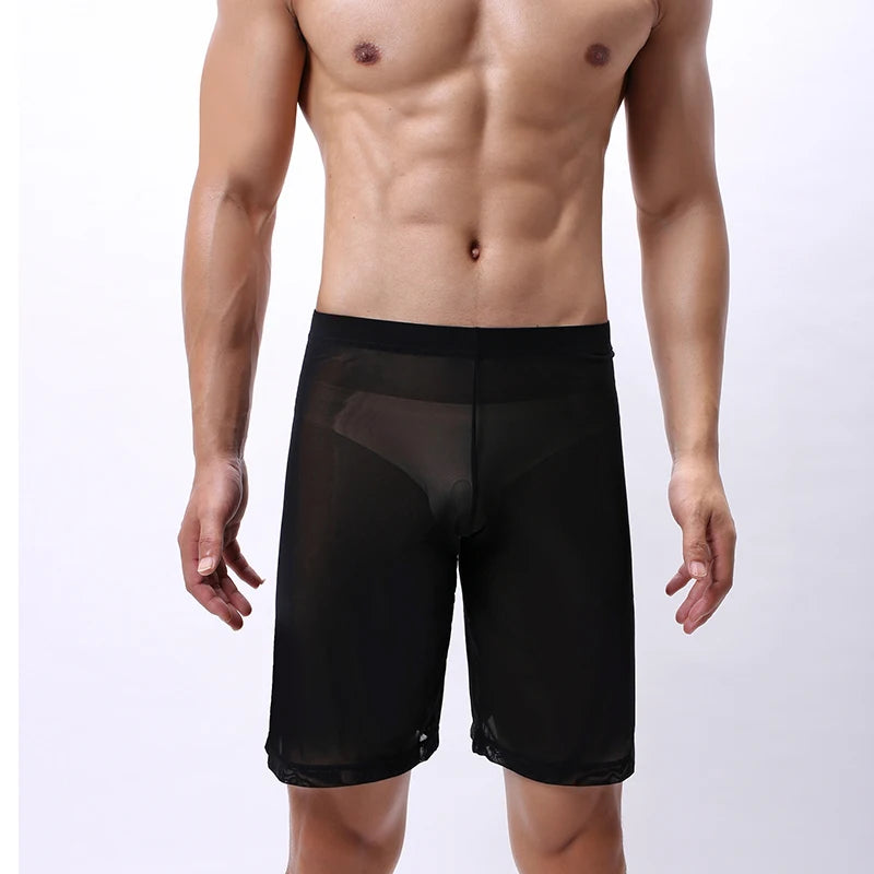 Mens Boxer Shorts Long Leg Breathable Sheer Mesh Trunks Sports Training Quick-drying Boxers SeeThrough Bottoms Sportswear