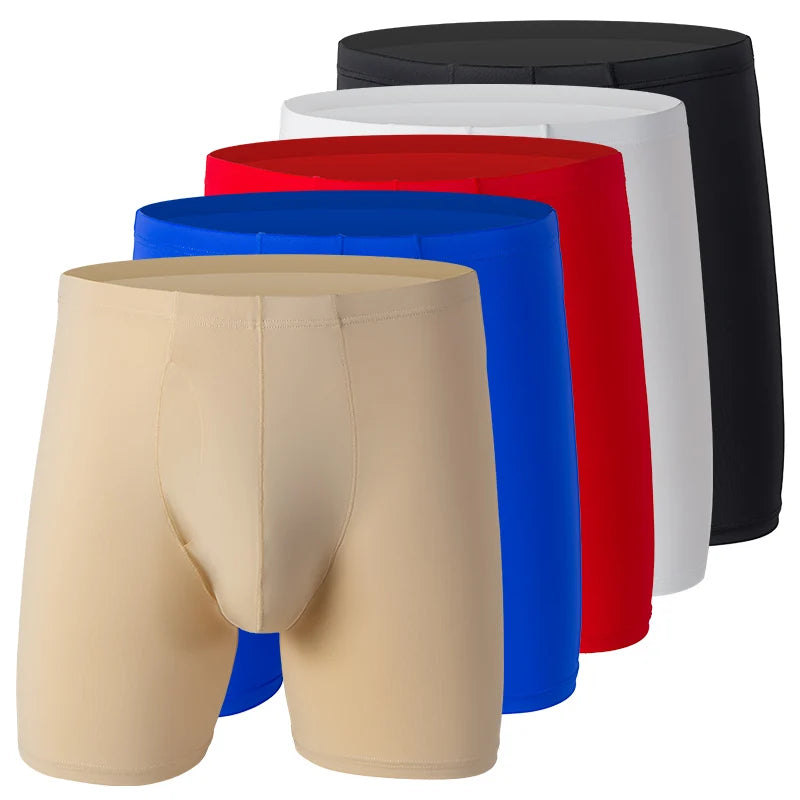 Men Underwear Boxers Shorts Solid Ice Silk Panites Man Breathable U Convex Pouch Middle Long Leg Underpants Cueca Calzoncillo